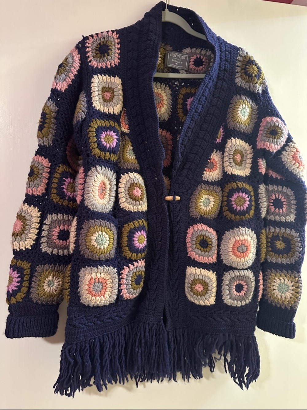 Sundance Navy Crochet Granny-Square Fringe Cardigan with Pink and Olive Accents